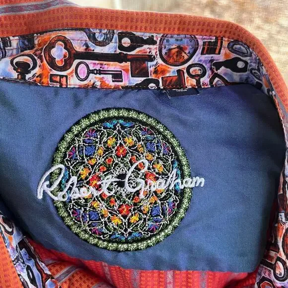 Robert Graham Men's Orange And Blue Striped Button Down Shirt Size 2XL - Picture 7 of 10